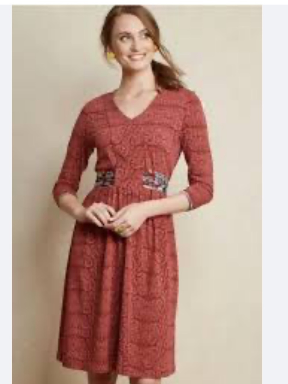 Matilda Jane Burgundy Paisley V-Neck Midi “Ariana” Dress